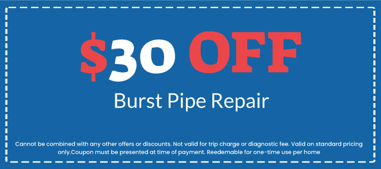  off burst pipe repair coupon from Plumb Right, promotional offer details, blue background with white and red text.