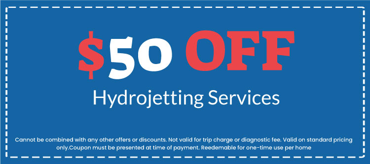  off hydrojetting services coupon from Plumb Right, featuring promotional text on a blue background, emphasizing special offers for plumbing solutions.
