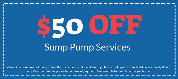  off coupon for sump pump services, promotional offer from Plumb Right, blue background with red and white text, terms and conditions included.