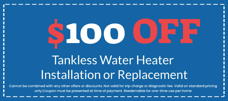 0 off tankless water heater installation or replacement coupon for Plumb Right plumbing services, promotional offer with terms and conditions.