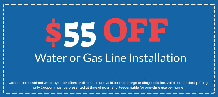  off water or gas line installation coupon from Plumb Right, highlighting promotional offer for plumbing services.